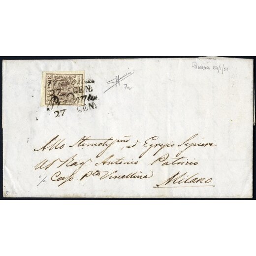 "Piadena / 27 GEN.", due annulli corsivi su 30 Cent. bruno chiaro, primo tipo - prima tiratura, su lettera per Milano, splendida, firmata Sorani (Sass. 7a - 5P.)