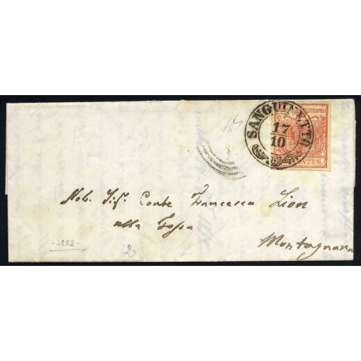 "SANGUINETTO 17 / 10" 1850, annullo 2CO su 15 Cent., carta a mano, su lettera via Legnago per Montagnana, lusso, firmata A. Diena