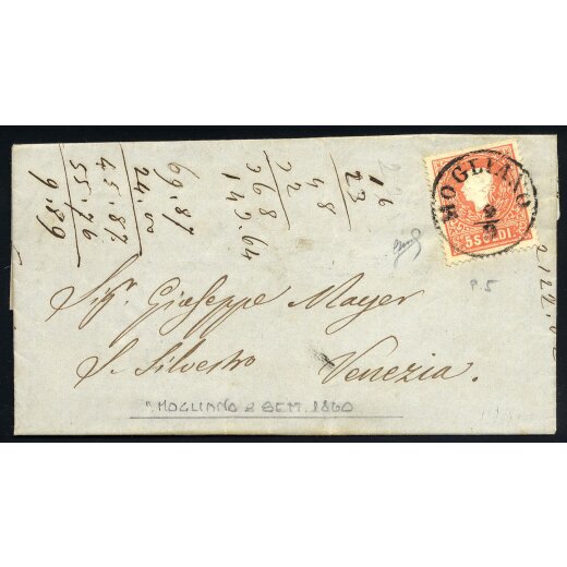 "MOGLIANO 9 / 9" 1859, annullo C1 su 5 Soldi rosso, secondo tipo, su lettera per Venezia, splendida (Sass. 5P.)