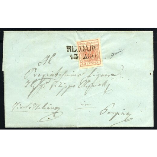 "RECOARO / 13 AGO" 1850, annullo SD su 15 Cent., carta a mano, su lettera via Trento per Pergine, lusso (Sass. 4P.)