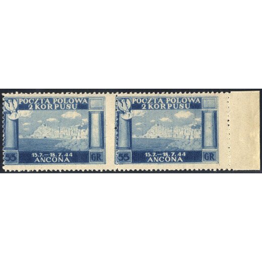 1946, 55 Gr. azzurro, coppia con dentellatura al centro spostata (S. 2)