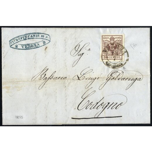 1850, 30 Cent. bruno lillaceo, difetto di cliché nel cartiglio inferiore, da Verona 13.7.1855 per Codogno, firm. E. Diena (S. 9)