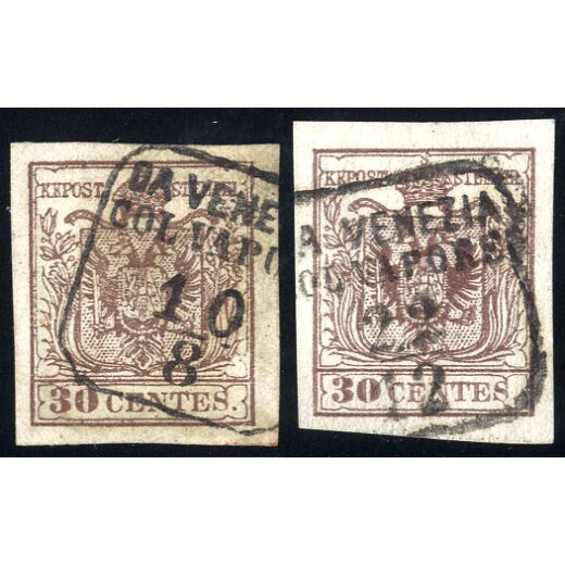1854, "Da Venezia col Vapore", i due tipi su due 30 Cent. (S. 4+9P.)
