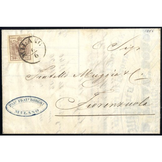 1854, Lettera da Milano 6.6.1856 per Fiorenzuola affrancata con Sass. 21b