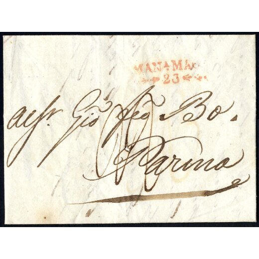 1833, Lettera da Mantova 23.5.1833 per Parma pagata fino al confine con due carantani, tassa "22" Cent. parmensi sul fronte