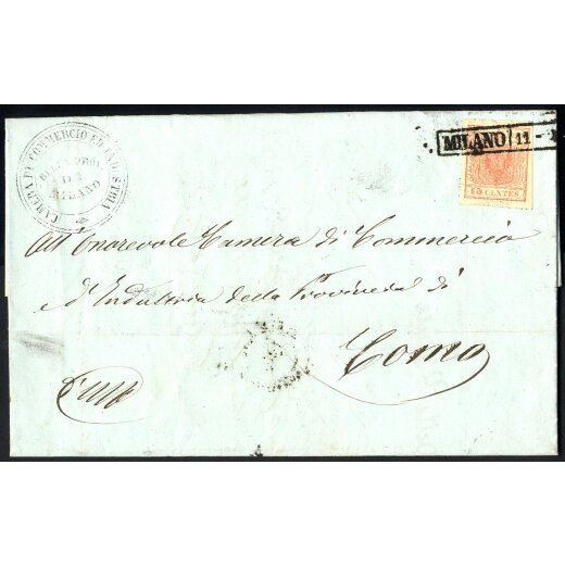 1850, Lettera da Milano 11.4.1852 per Como affrancata con 15 Cent. rosa (S. 5)