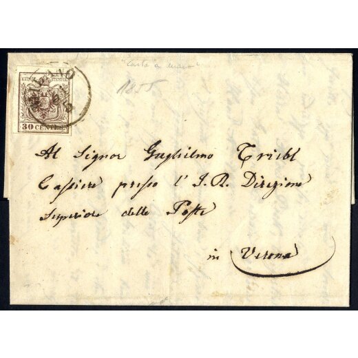 1850, 30 Cent. bruno lillaceo su lettera da Milano 31.5.1855 per Verona (S. 9)