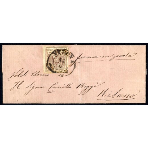 1854, 30 Cent. bruno rossiccio, carta a macchina, su splendida letterina di color rosa da Verona 15.6.per Milano (S. 21)