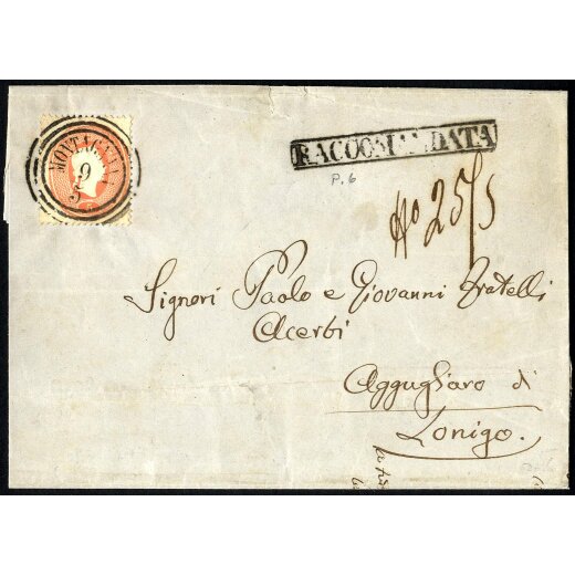 1861, 5 Soldi rosso su lettera raccomandata da Montagnana 9.5. per Aggugliaro, due 5 Soldi lacerati al verso, annullo "RACCOMANDATA" sul fronte (S. 33)
