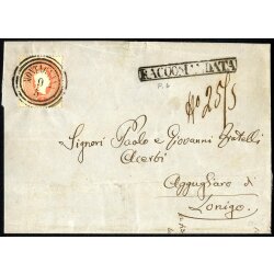 1861, 5 Soldi rosso su lettera raccomandata da Montagnana...