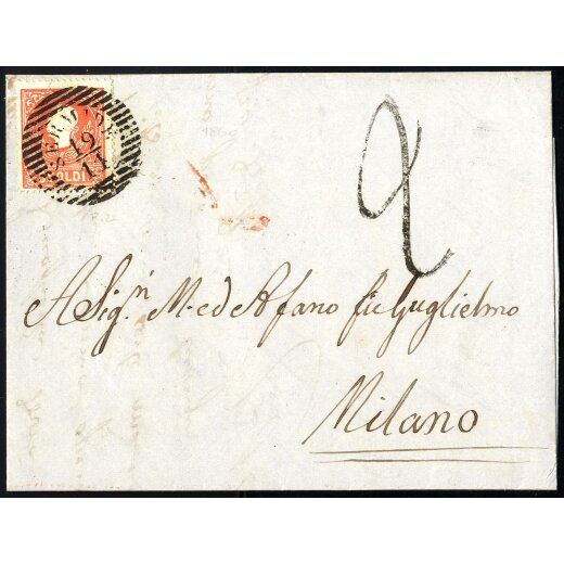 1859, Lettera da Sermide 19.11.1860 per Milano affrancata fino al confine con 5 Soldi rosso, tassa "2" sul fronte (S. 30)