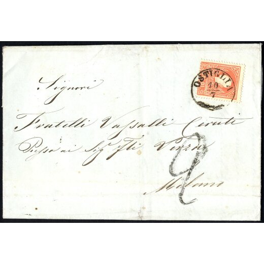 1859, Lettera da Ostiglia 10.7.1860 per Milano affrancata fino al confine con 5 Soldi rosso, tassa "2" a tampone sul fronte (S. 30)