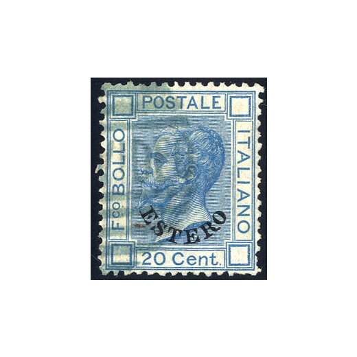 1874, "Montevideo", annullo azzurro parziale su 20 Cent. azzurro (S. 5 - Punti R3)