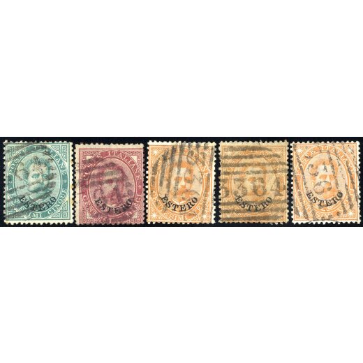 1881/83, "3364" - Susa, annullo numerale su cinque francobolli con soprastampa "ESTERO", difetti (S. 11P.)