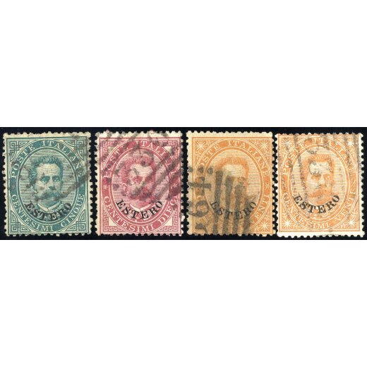 1881/83, "3364" - Susa, annullo numerale su quattro francobolli con soprastampa "ESTERO", difetti (S. 11P.)