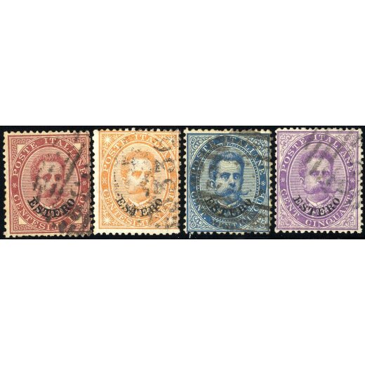 1881/83, "3336" - La Goletta, annullo numerale su quattro francobolli con soprastampa "ESTERO", difetti (S. 12P.)