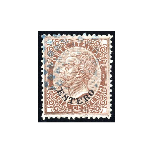 1874, Tripoli, annullo muto a rombi parziale in azzurro su 30 Cent. bruno (S. 10P.)