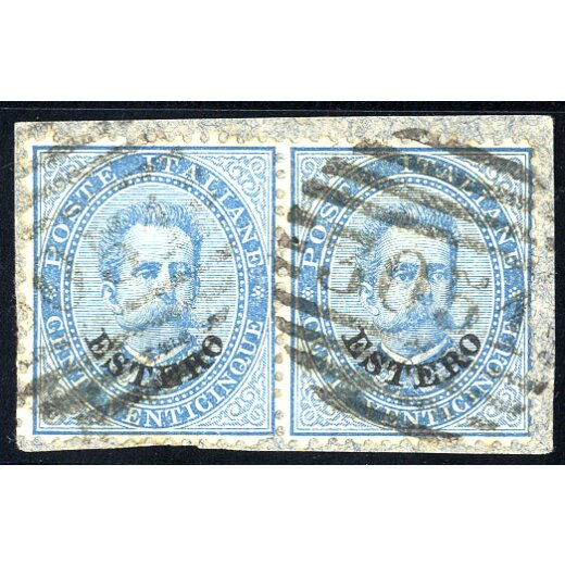 1881/83, "3051" - Tripoli, due annulli numerali su coppia 25 Cent. Umberto I (S. 8P.)