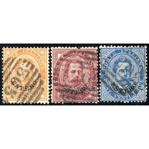 1881/83, "3051" - Tripoli, annullo numerale parziale su tre esemplari Umberto I (S. 8P.)