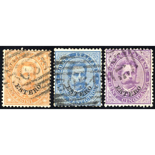 1881/83, "3051" - Tripoli, annullo numerale parziale su tre esemplari Umberto I, difetti (S. 8P.)
