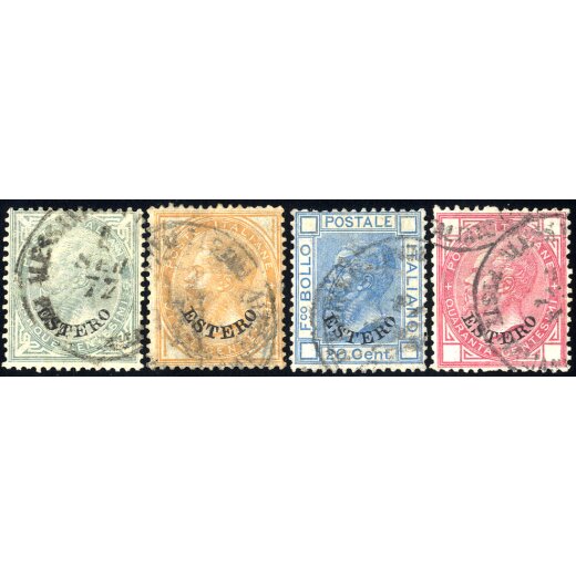 1874, Alessandria d Egitto, annullo C1 senza ora, lotto quattro francobolli con soprastampa "ESTERO", difetti (S. 12P.)