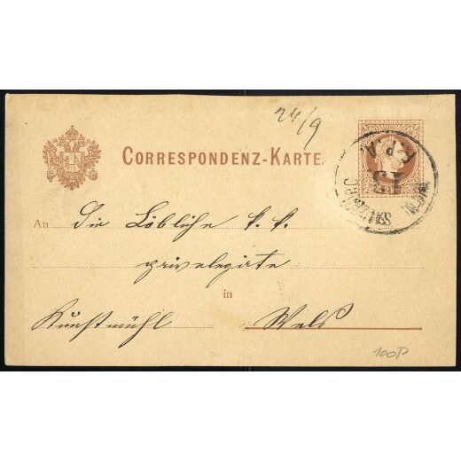 1876, "WIEN SALZBURG / 13. / F.P.A.", Einkreisstempel auf Karte 2 Kr. braun von Kemmelbach 24.9.1876 nach Wels (Kl. 667e / 100P.)