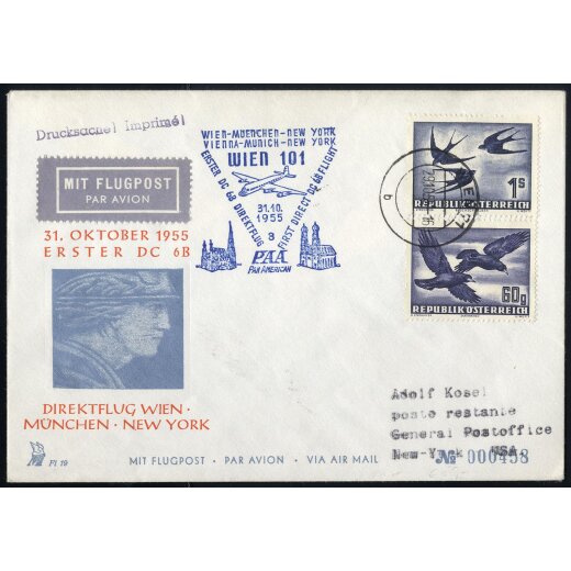 1955, Erster DC 6B Direktflug Wien - New York, Brief vom 29.10.1956 nach New York mit 60 Gr. + 1 Sch. Vögel frankiert (ANK 967-68)