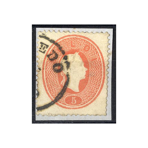 1861, "Usati in Austria", 5 Soldi rosso con annullo parziale di Rovereto, francobollo sciolto montato su supporto cartaceo (S. 33)