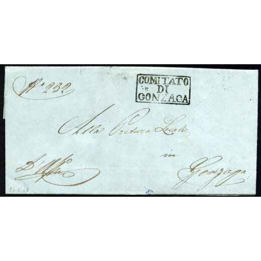 "COMITATO / DI / GONZAGA", annullo in cartella su lettera del 24.6.1848 per cittá, I. Guerra d Indipendenza