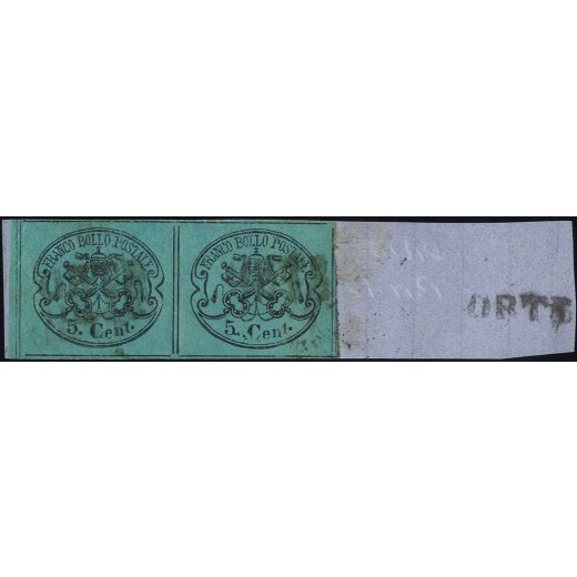 ORTE 1867, due annulli SD su coppia 5 Cent. azzurro verdastro su frammento, annullo ripetuto sul frammento, firmato G. Bolaffi (Sass. 16 - 10P.)