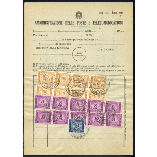 1952, Modello 141 - Ediz. 1949, da Milano 5.11.1952 affrancata per 890 Lire con segnatasse, piega centrale i quattro francobolli al centro