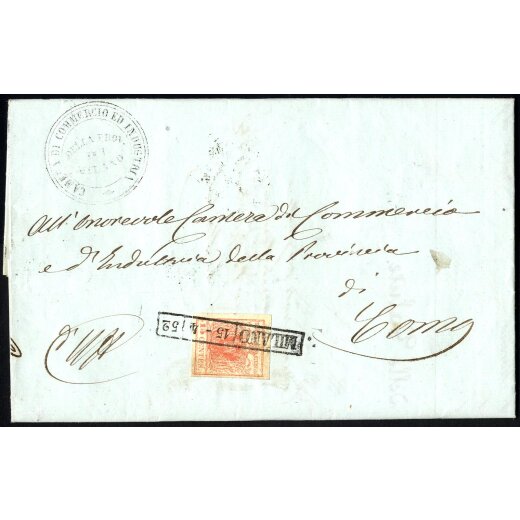 1850, 15 Cent. rosa, II° tipo, con "centro in risalto", su lettera da Milano 15.4.1852 per Como (S. 5)