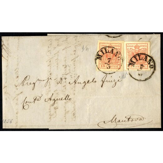 1854, 15 Cent., due esemplari con gradazioni di colori nettamente differenti su lettera da Milano 7.3.1856 per Mantova (S. 20+20c)