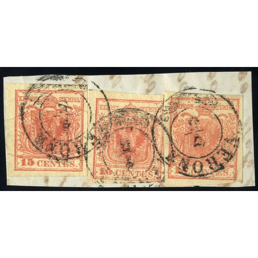 1850, 15 Cent., II° tipo, due gradazioni di colori differenti, su frammento (S. 5+5a)