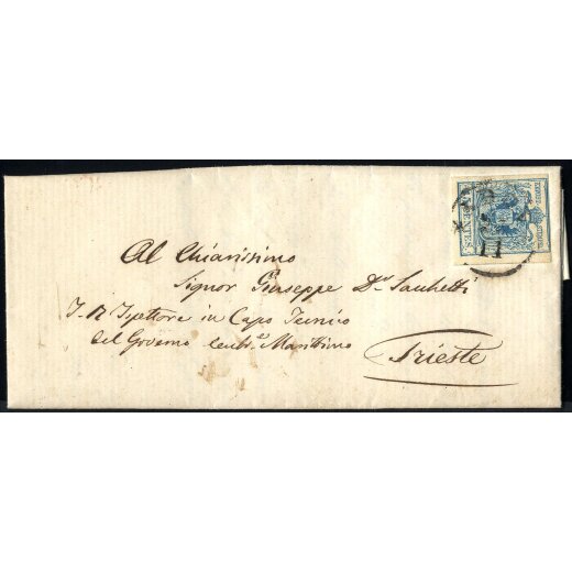 1854, 45 Cent. azzurro su lettera da Padova 27.11.1857 per Trieste (S. 22 / 400,-)
