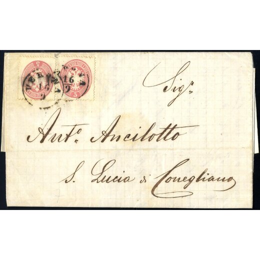 1864, 5 Soldi rosa, due esemplari su lettera della seconda distanza da Verona 16.9.1864 per S. Lucia di Conegliano (S. 38)