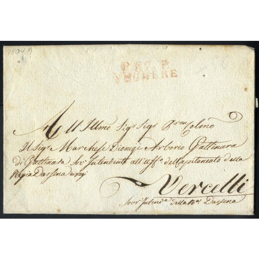 "Voghera", lettera con timbro P. 87. P./VOGHERE in rosso per Vercelli, Vollmeier P 7