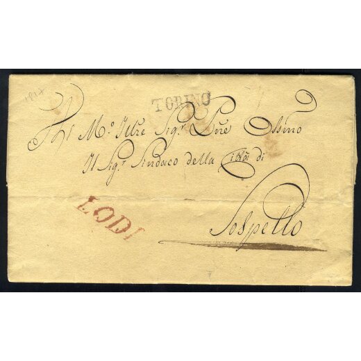1817, lettera del 9.2. per Sospello, con timbro lineare TORINO e timbro rosso LODI (del Conte Lodi), Vollmeier N&deg; 74 e 198 P 2+4