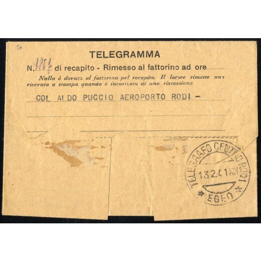 1941, telegramma con pubblicit? "Fatevi Correntisti ..." per RODI il 13.2.