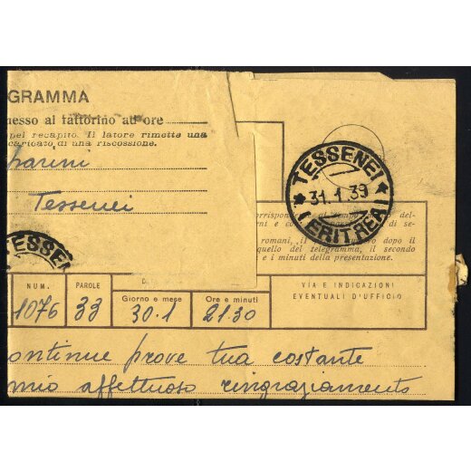 1939, telegramma con pubblicit? "Fatevi Correntisti ..." per TESSENEI (ERITREA) il 31.1.