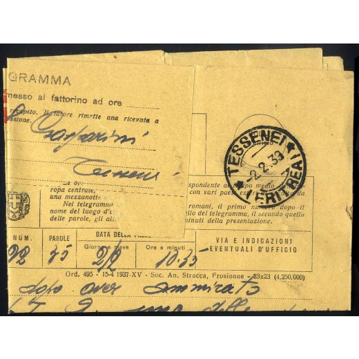 1939, telegramma con pubblicit? &quot;Fatevi Correntisti ...&quot; per TESSENEI (ERITREA) il 2.2.