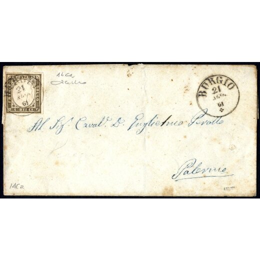 1861, 10 Cent. grigio olivastro scuro su lettera da Burgio 21.8.1861 per Palermo, firm. Bolaffi e Cardillo (S. 14Ca - 5P.)