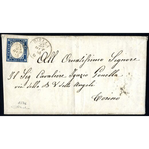 1861, 20 Cent. azzurro oltremare su lettera da Biella 25.10.1861 per Torino, firm. Cardillo (S. 15Dc)