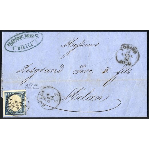 1860, 20 Cent. cobalto grigio su lettera da Biella 30.1.1861 per Milano, firm. Cardillo (S. 15Cb)