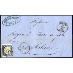 1860, 20 Cent. cobalto grigio su lettera da Biella...