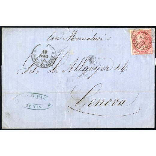 1864, lettera da Tunisi il 18.5.64 per Genova affrancata con 40 c. rosa carminio, Vitt.Em. II, timbro doppio cerchio, transito Cagliari, annotazione "con Moncaliere"