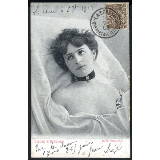 1903, cartolina illustrata artistica affrancata con 1 c. aquila Sabauda timbrata La Canea 3.9.03 per Caux (Francia)