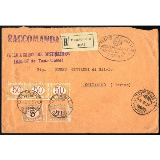 1934, raccomandata delle Poste con tassa a carico da Torino per Oglianico tassata in arrivo per 1,75 L. con 5 c. + 20 c. e striscia di tre 50 c., timbrata all´arrivo 9.9.34, sul verso chiusura superiore mancante