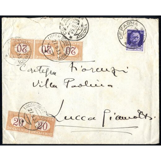 1933, lettera affrancata con Imperiale 50 c. da Ofagna il 26.9.33 per Lucca tassata per 1 L. con coppia e striscia di tre 20 c.