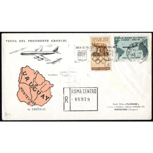 1961, lettera raccomandata affrancata per 190 L. con Gronchi da 185 L. e 5 L. Olimpiade da Roma per Montevideo, timbro speciale del volo, sul verso timbri speciali e d&acute;arrivo